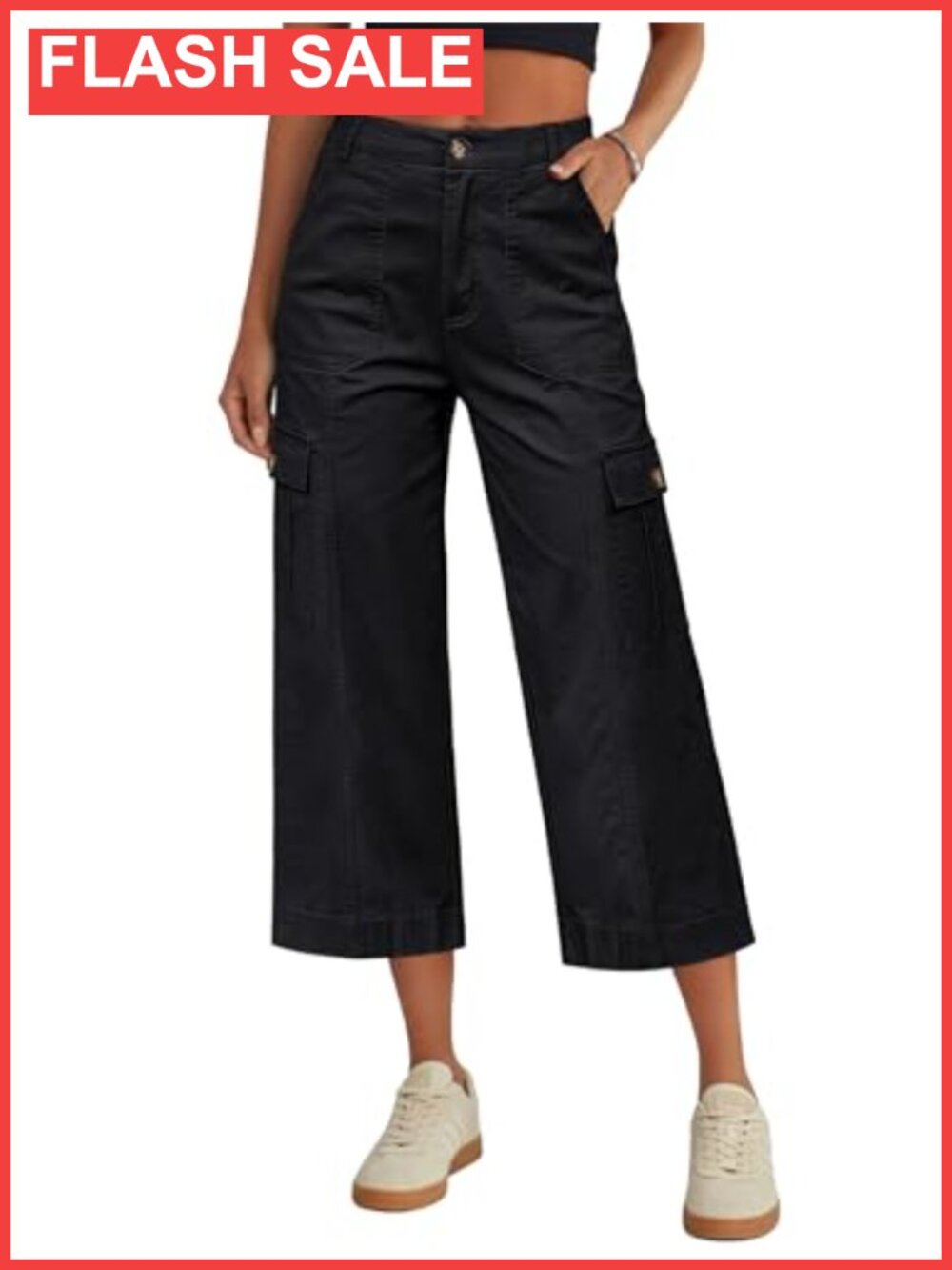 Stretchy High Waisted Cargo Capri Pants 6 Pockets Wide Leg Cropped